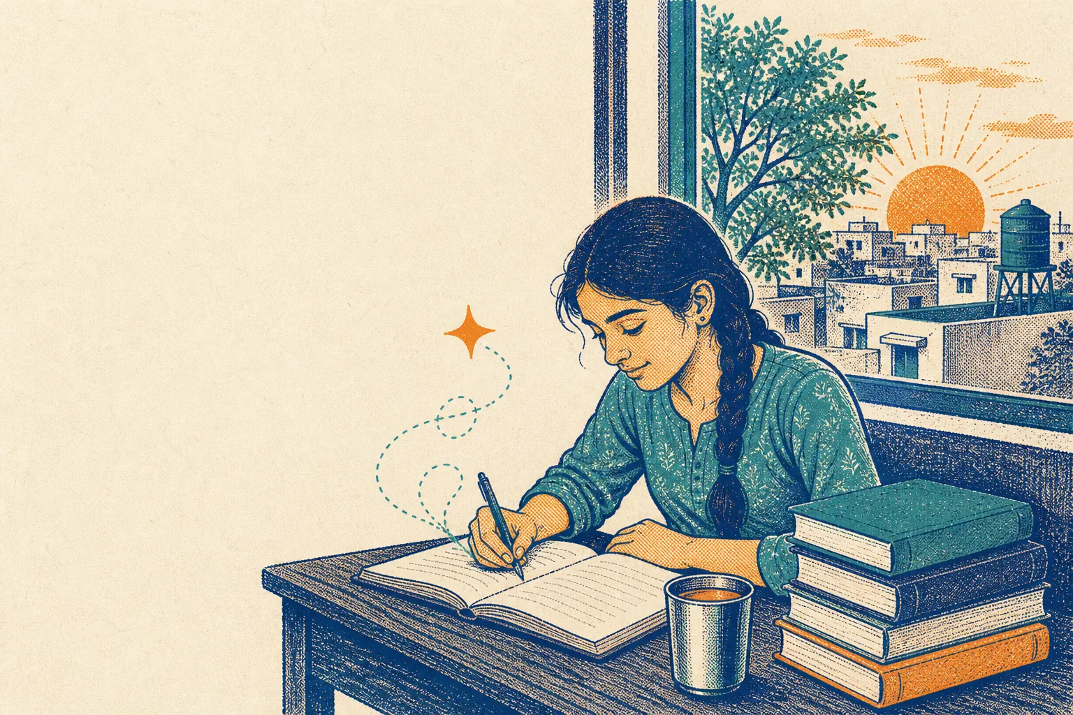 A student writes in her notebook at a window at sunrise while a small star of light traces her thinking.