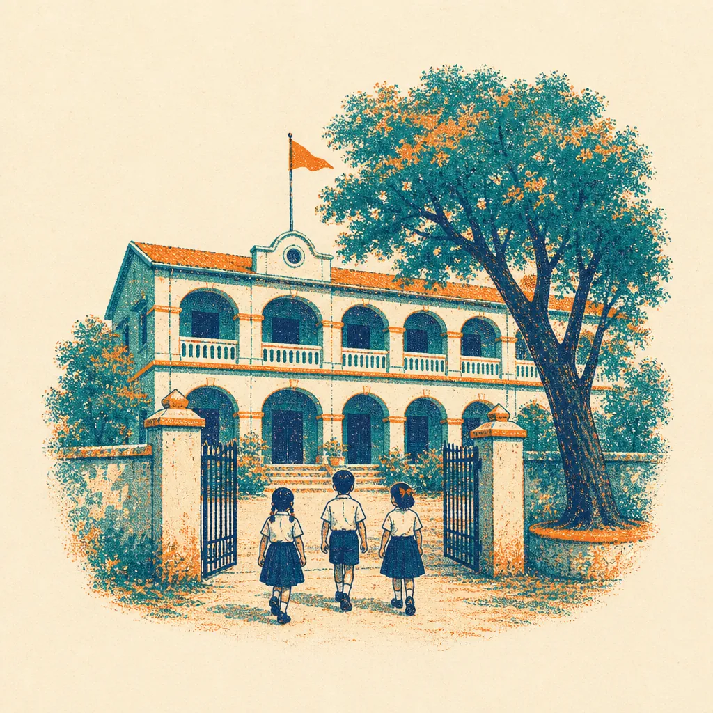 Three children in uniform walk through the gates of an arched school building under a large tree.