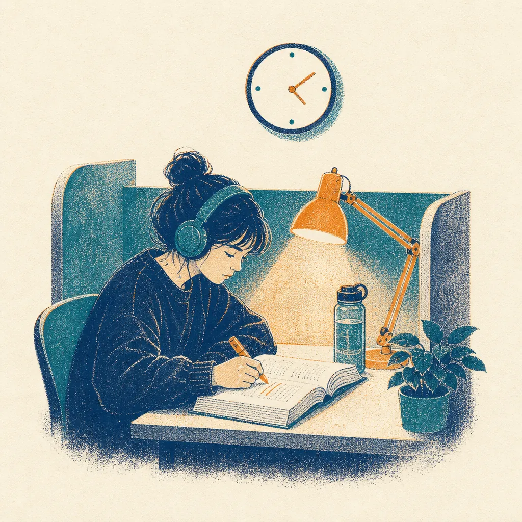 A student with headphones writes in a book under a desk lamp in a quiet study cubicle.